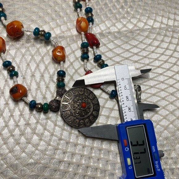 Vintage Yemenite Filigree 925 Silver Coral Turquoise Necklace 34” - Picture 2 of 16